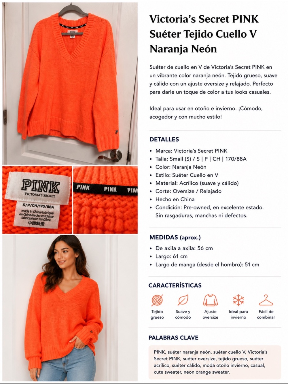 PINK Victoria’s Secret Neon Orange Oversized V-Neck Knit Sweater Size S